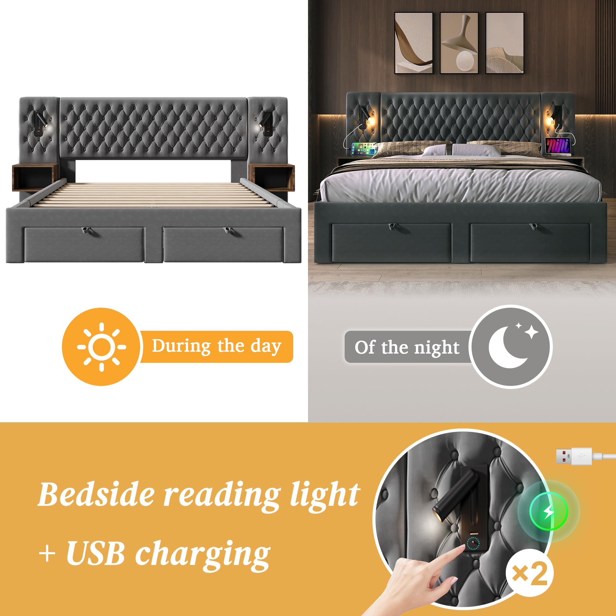 Zepneiy Lit 180x200 avec Sommier LED et USB et 2 Tables de Chevet, Lit Coffre 180x200 avec 4 Tiroirs et Tete, Lit Double avec à Lattes 2 Personnes, Lit Rembourré Cadre de Velours (sans Matelas)