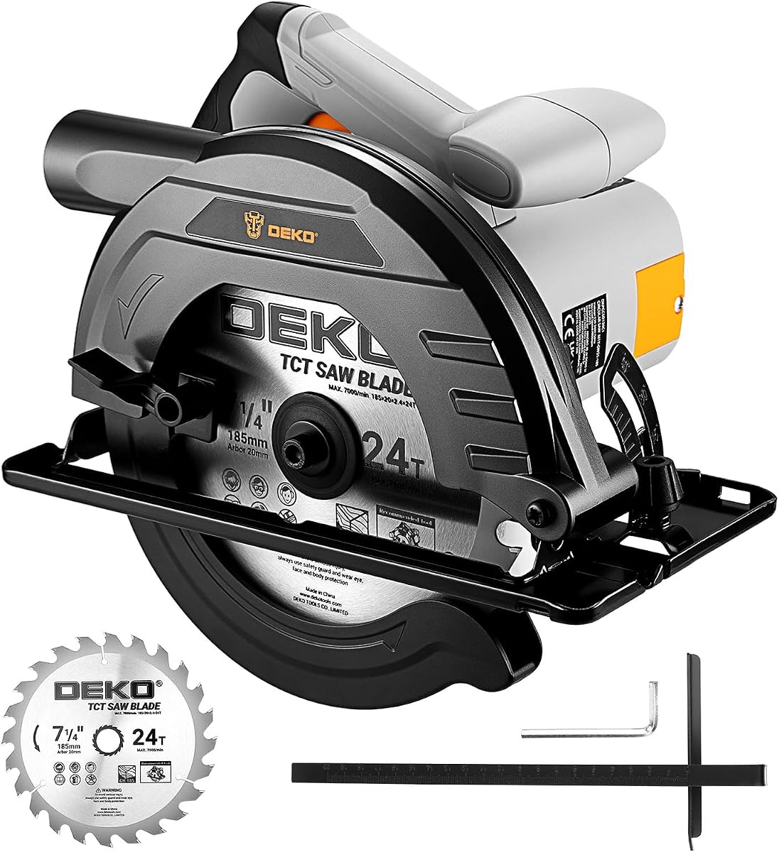 Sierra circular 1200 W: Sierra de alta potencia DEKOPRO con cuchilla de 185 mm y 24 dpp, 4800 RPM, profundidad máxima de corte 65 mm (90°), 43 mm (45°), base de acero resistente, incluye guía RAI, sierra mecánica para madera, PVC