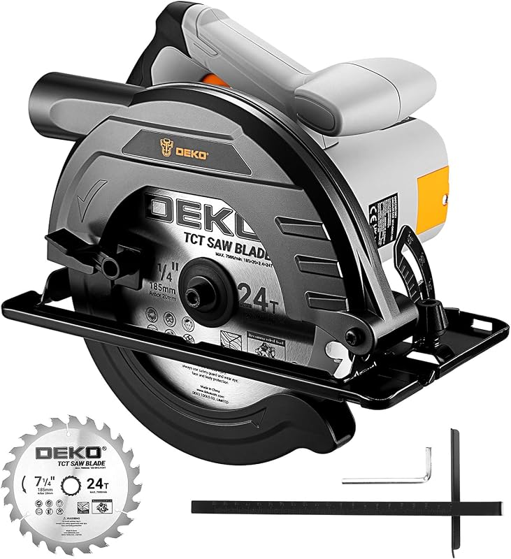 Sierra circular 1200 W: Sierra de alta potencia DEKOPRO con cuchilla de 185 mm y 24 dpp, 4800 RPM, profundidad máxima de corte 65 mm (90°), 43 mm (45°), base de acero resistente, incluye guía RAI, sierra mecánica para madera, PVC
