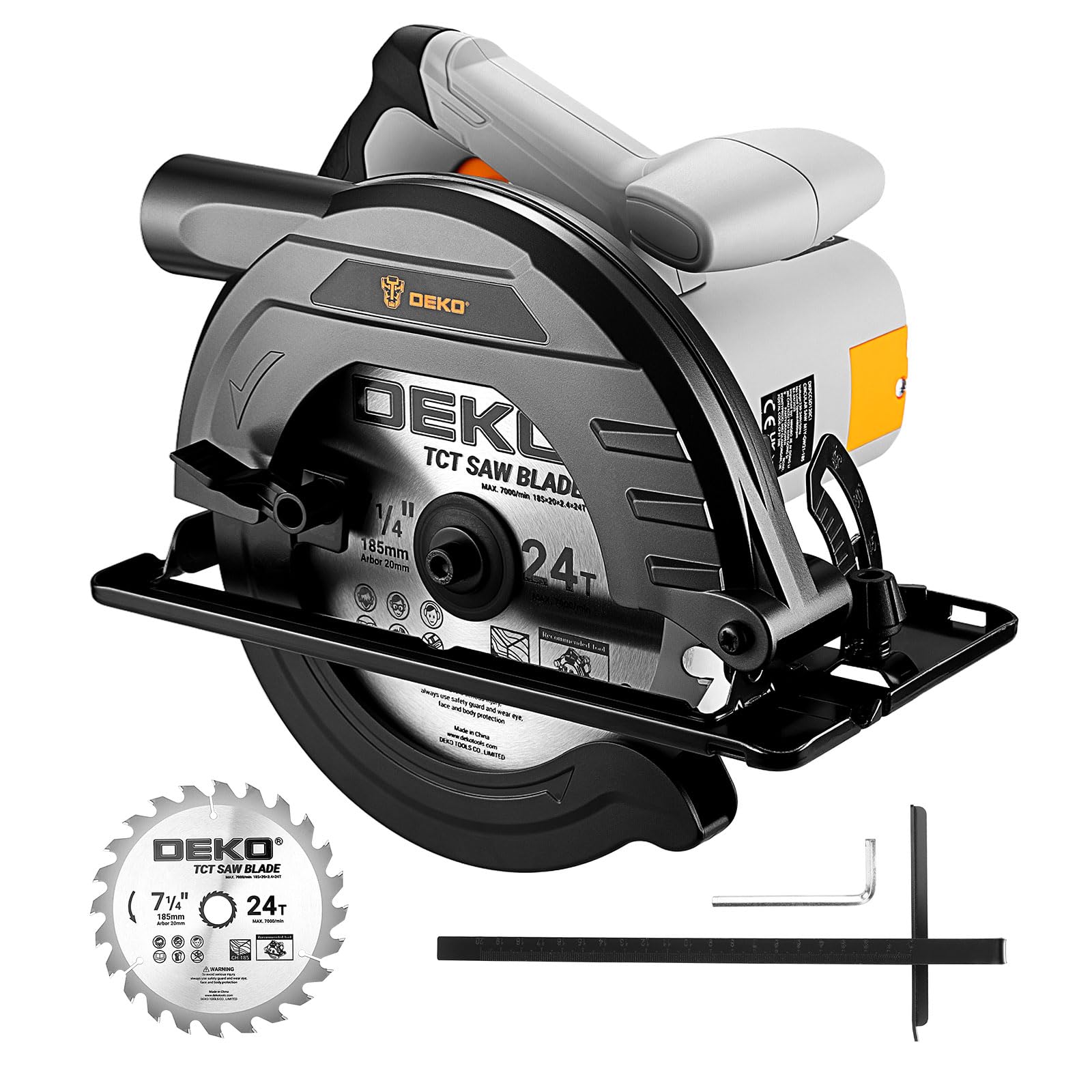 Sega circolare per legno Sierra Circular 1200W: DEKOPRO Sega circolare con binario guida, Hoja de sierra Ø185mm(24T), Profondità massima di taglio 65mm (90°), 43mm (45°), Ideale per Tagliare Legno