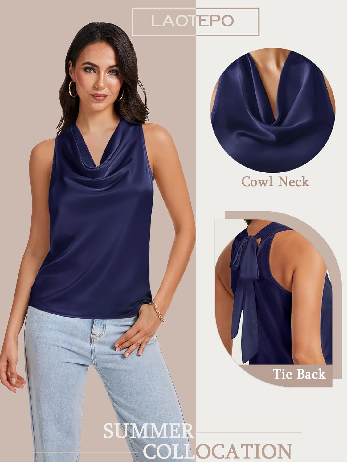 Cowl Neck Halter Tops for Women Silk Satin Going Out Tank Top Trendy Summer Camisole Business Casual Blouses Outfits - Image 3