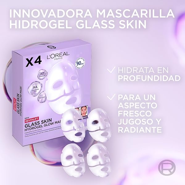 L'Oréal Paris Revitalift Filler Glass Skin Mascarilla Facial Hidrogel Iluminadora, Piel Jugosa y Radiante. Tratamiento rellenador, Ácido Hialurónico, Glicerina, Extracto Centella Asiática, Pack de 4 - 3