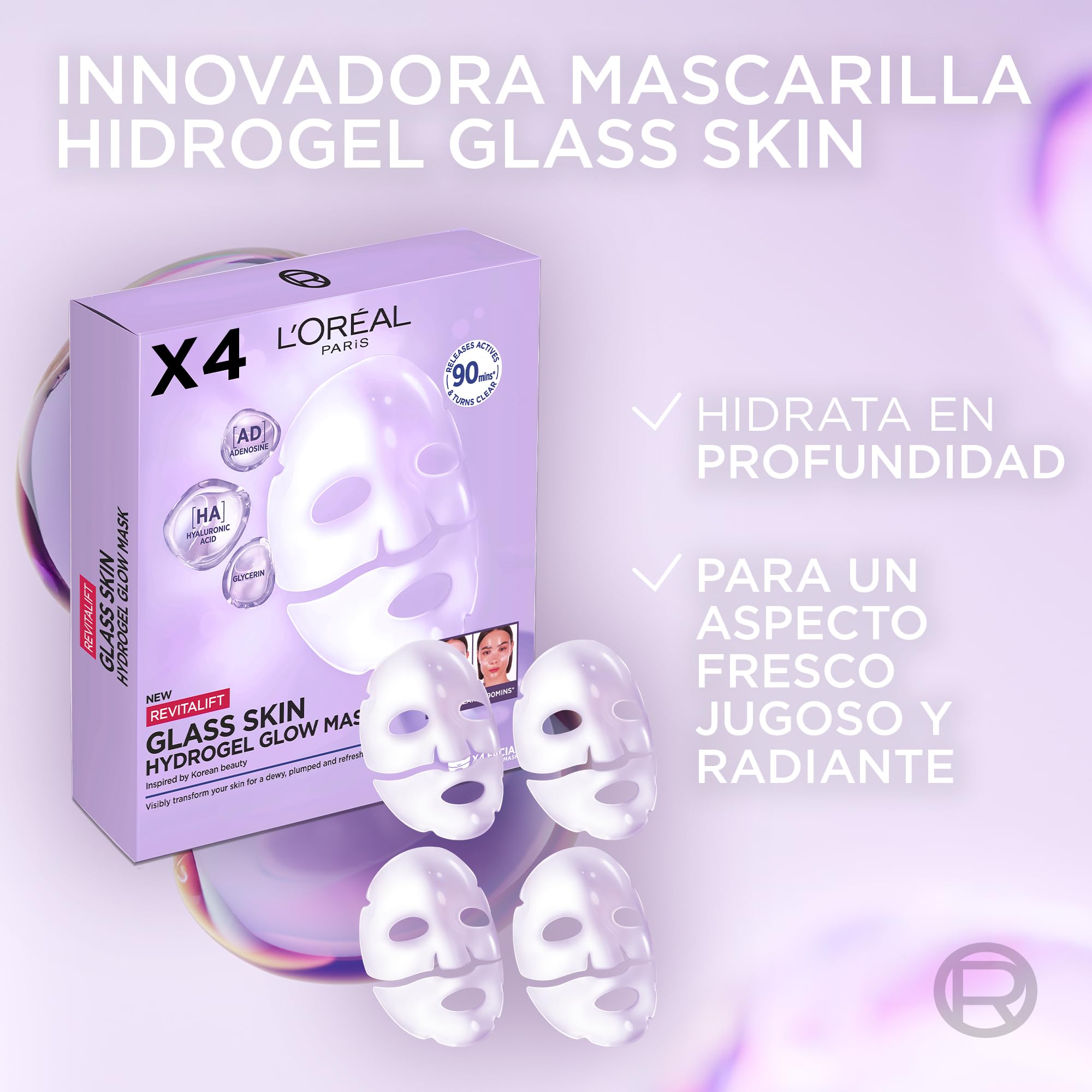 L'Oréal Paris Revitalift Filler Glass Skin Mascarilla Facial Hidrogel Iluminadora, Piel Jugosa y Radiante. Tratamiento rellenador, Ácido Hialurónico, Glicerina, Extracto Centella Asiática, Pack de 4 — view 3