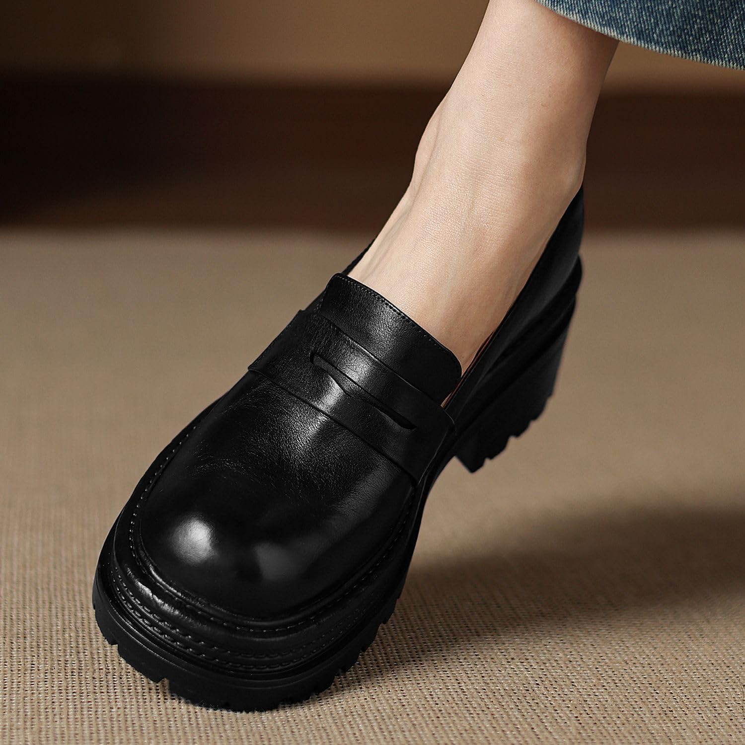 [CHICULL] チカル レディース ローファー 牛革 厚底 コインローファー マニッシュシューズ 太ヒール パンプス シューズ