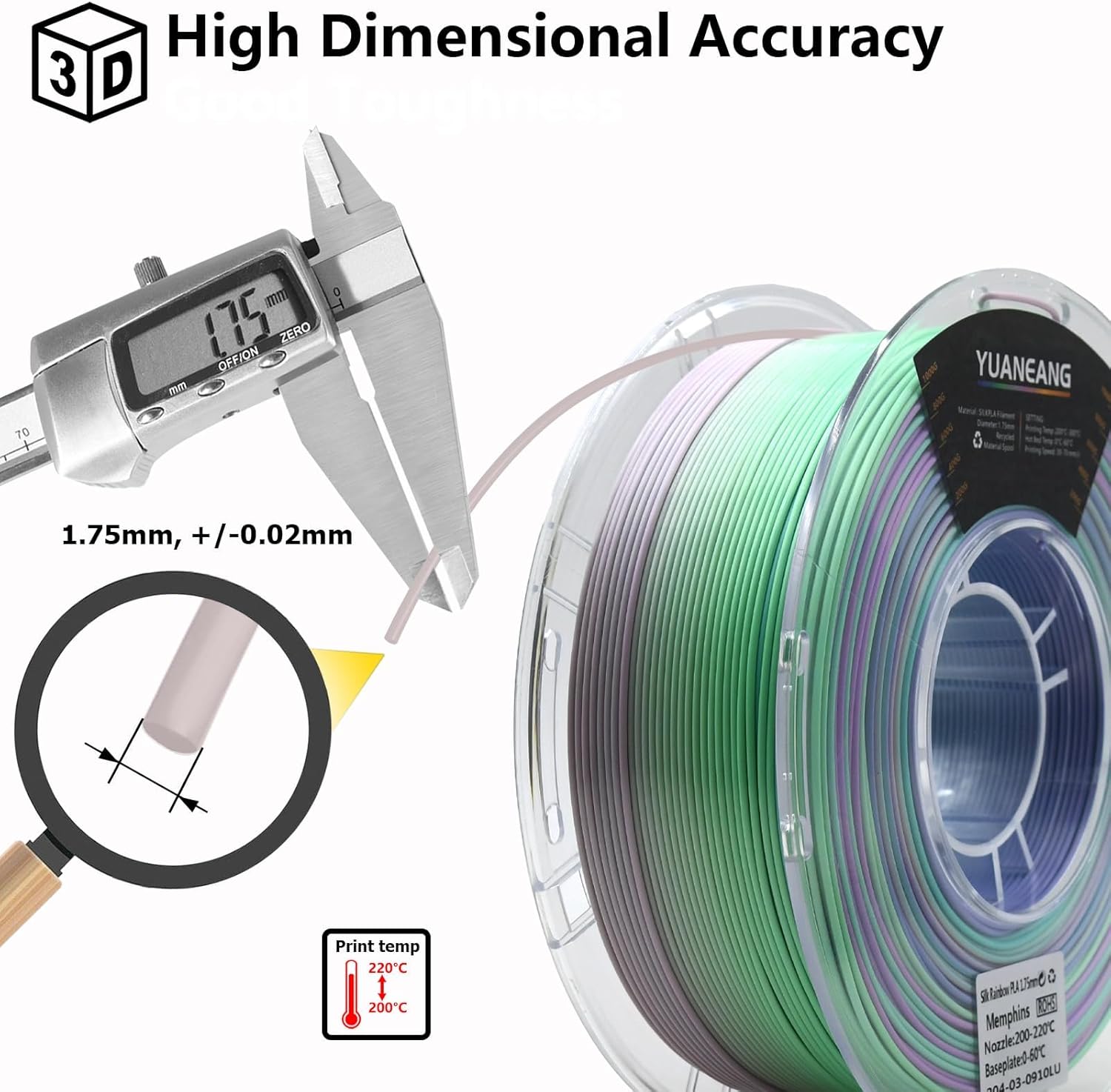 Silk Rainbow PLA Filament 1.75mm, ±0.03mm Precision, Glossy Gradient & Solid Silk Colors, 1kg Spool (2.2 lbs), 16-Pack Silk PLA Bundle