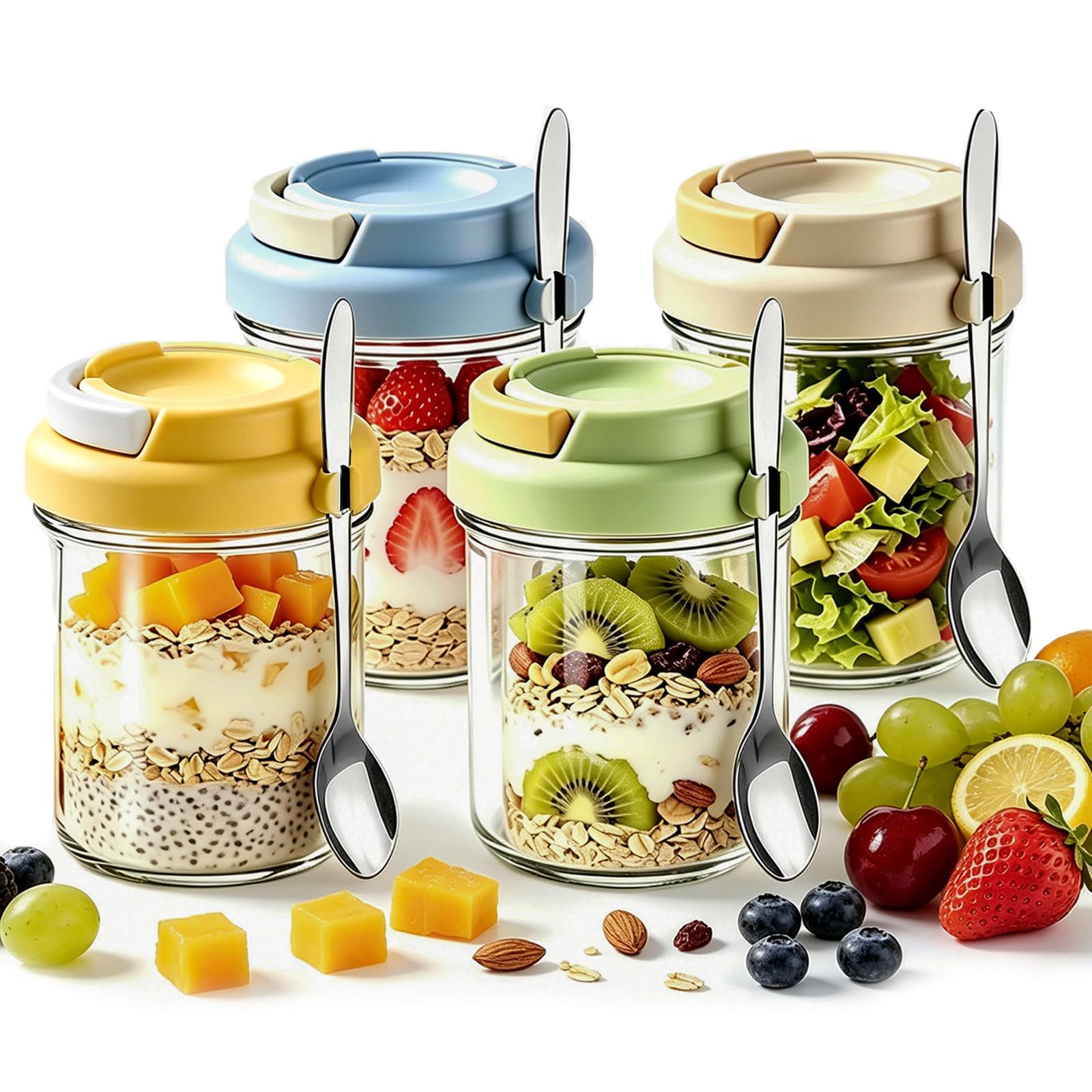 HUILATE 4Pcs Overnight Oats Jar, Breakfast Pots with a Lid Spoon, Glass Jars for Overnight Oats Reusable Breakfast Jars Used as grains milk vegetables