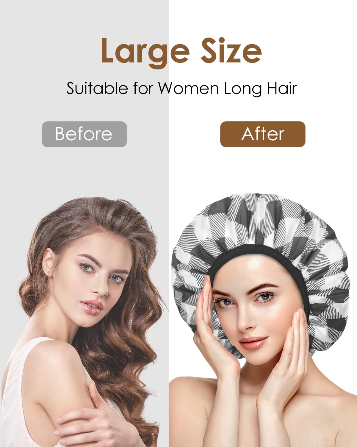 Auban Shower Cap, Shower Cap for Women Terry Cloth Lined EVA Exterior Reusable Double Layer Waterproof, Large Bath Hair Cap, Hotel Travel Essentials Accessories Cleaning Supplies (Checked) 3