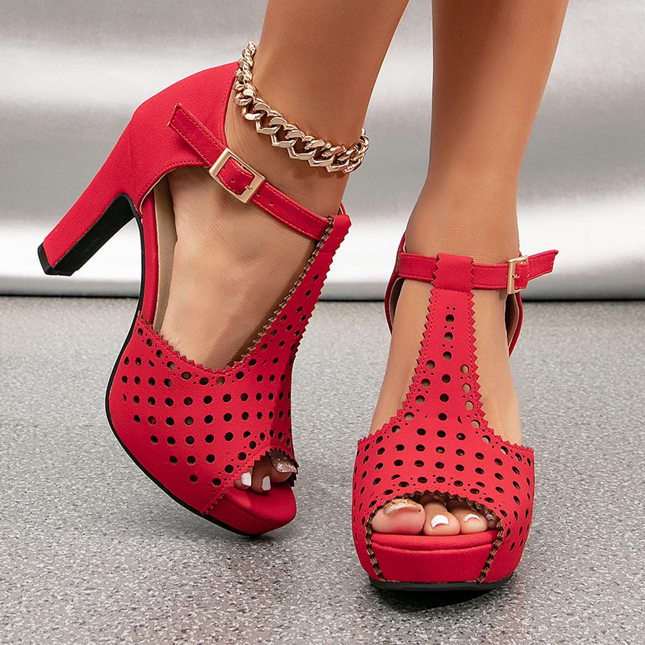 getmorebeauty Women's Vintage Heeled Sandals Suede Ankle T Straps Dress Block High Heel Sandals Women Shoes: 7 187-red