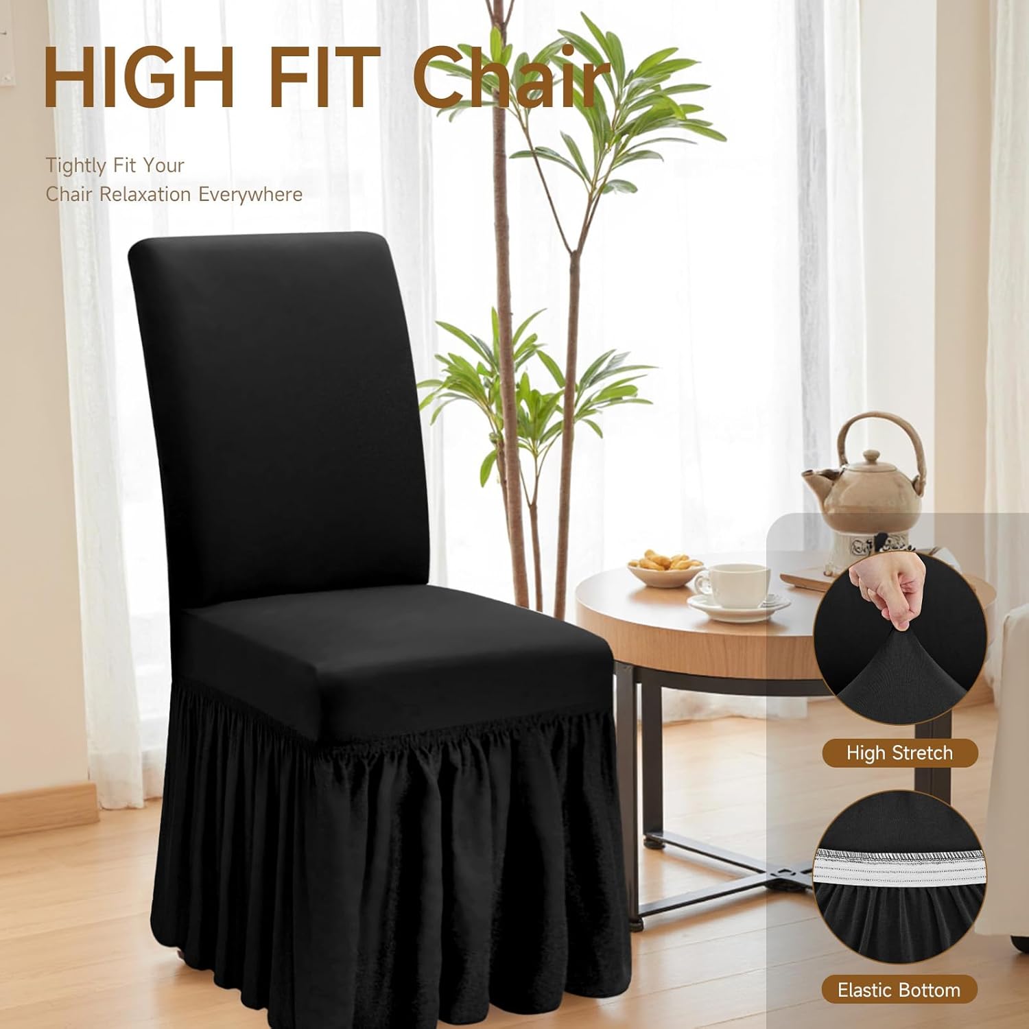 Dining Chair Covers Set of 4 Stretch Super Fit Chair Slipcovers with Skirt for Dining Room Washable Spandex Chairs Covers for Banquet/Wedding/Kitchen (Black, 4)