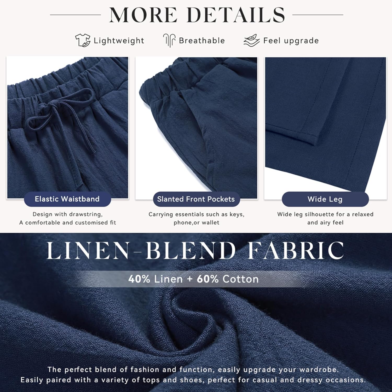 Linen Pants Women Summer Cotton Linen Pant Stretch Palazzo Pant Flowy Wide Leg Pant Loose Beach Trouser with Pockets - Image 5