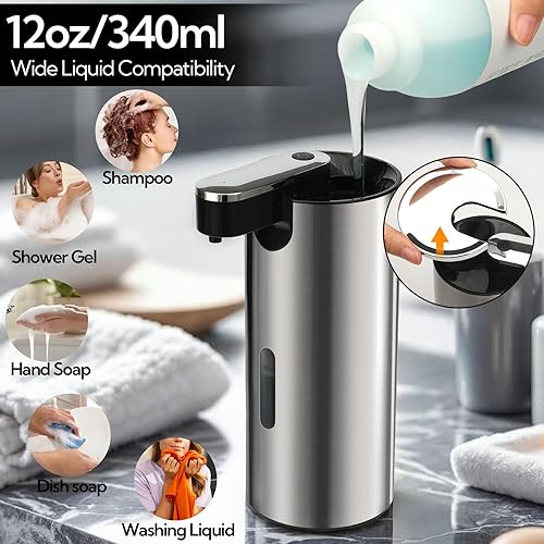 Miniatura 5 de Paquete de 2 dispensadores automáticos de jabón sin contacto, bomba de sensor eléctrico de acero inoxidable de 13.5 onzas fluidas con 3 volúmenes