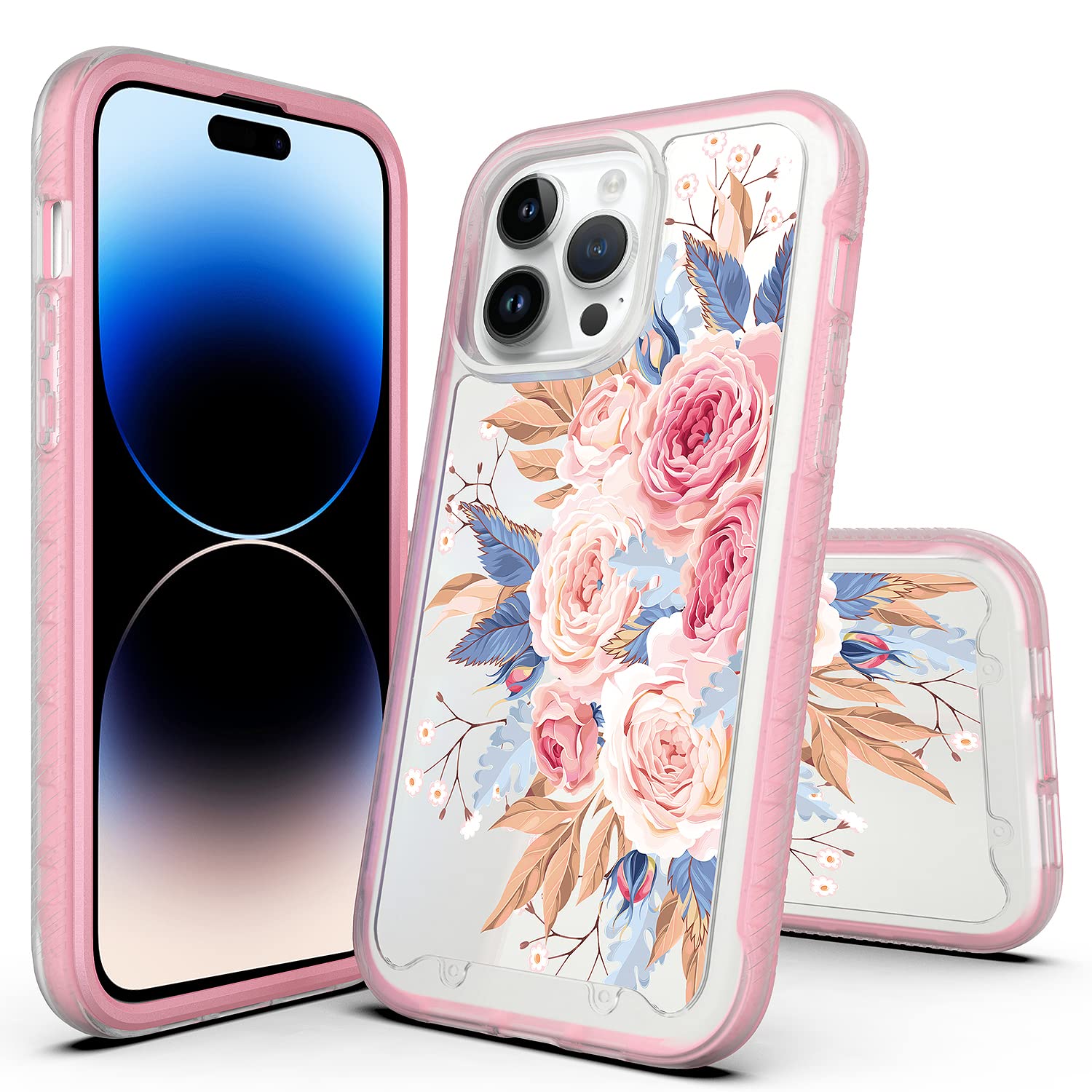 Rosebono Compatible with iPhone 14 Plus Case, Hybrid Graphic Design Pattern Hard Back Pannel Cover 360 Protection Case for iPhone 14 Plus (Pink Shell)