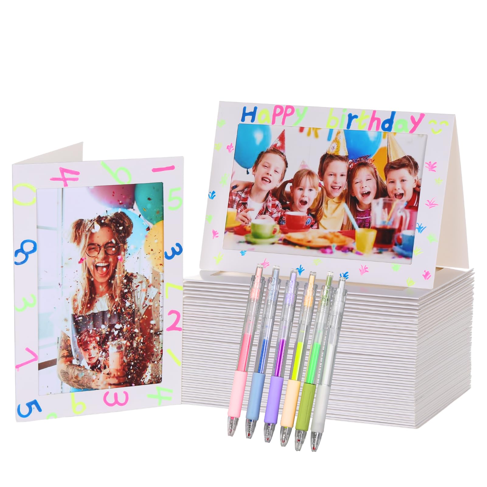 DIY Cardboard Photo Frames Kit - 50 White 4x6 Frames With Stand & 6 Pens, For Crafts & Gifts