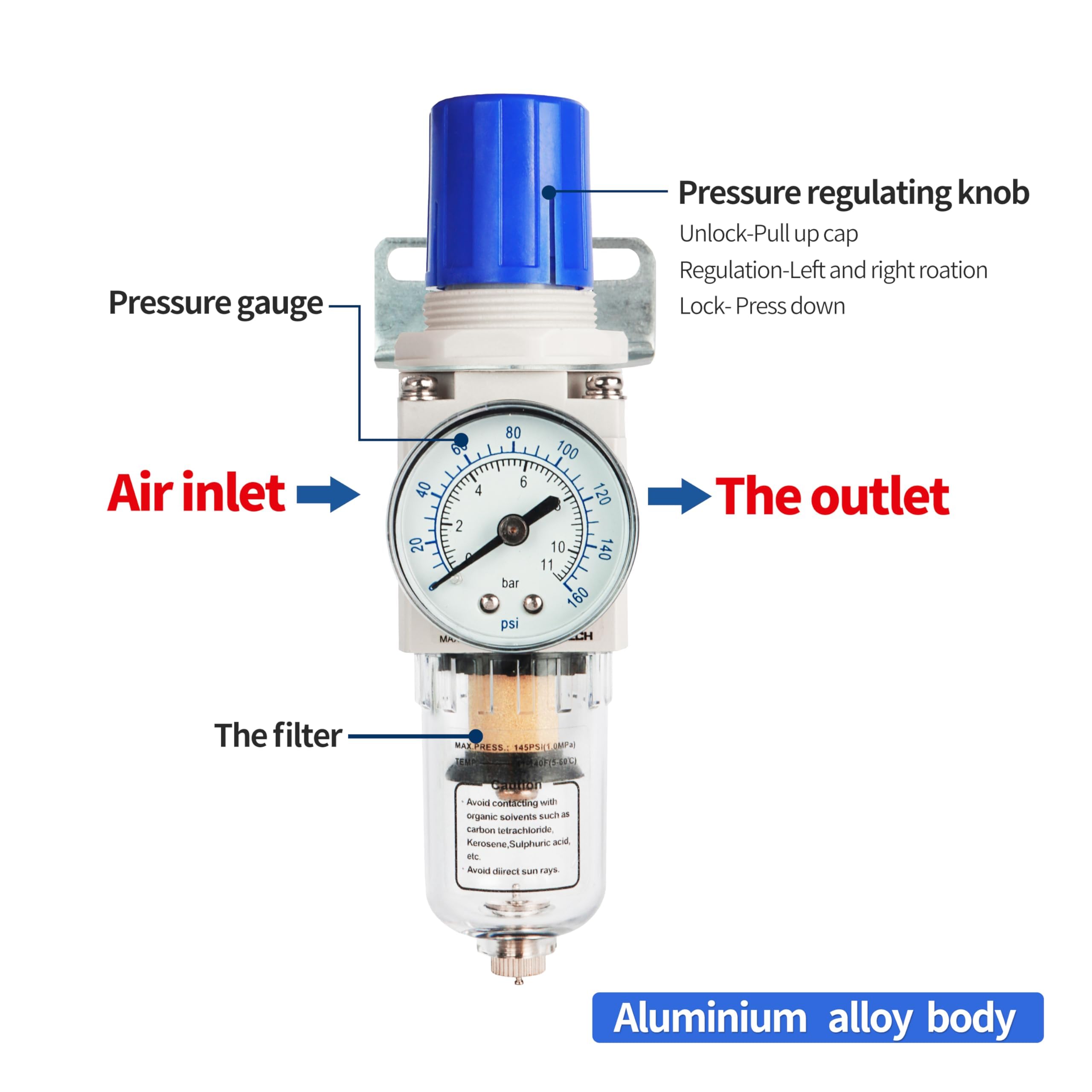 BLCH 1/4" BSP Kompressorregler - Druckregler und Lufttrockner AW2000-02 mit manueller Entwässerung, Polycarbonat-Behälter, Manometer (0-160 PSI) und 5μm Messingfilter.