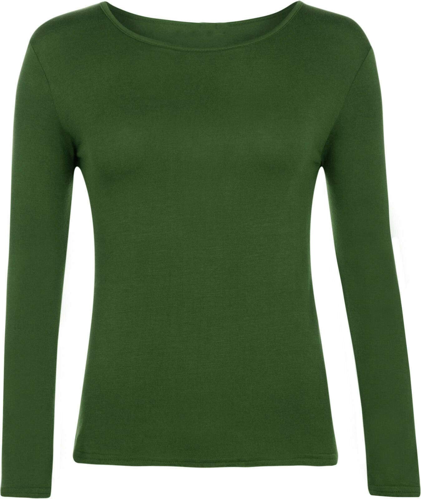 Ladies Women Basic Long Sleeve Plain Round Neck Ladies Stretch Plus Size Top T Shirt (Khaki, UK XXL)