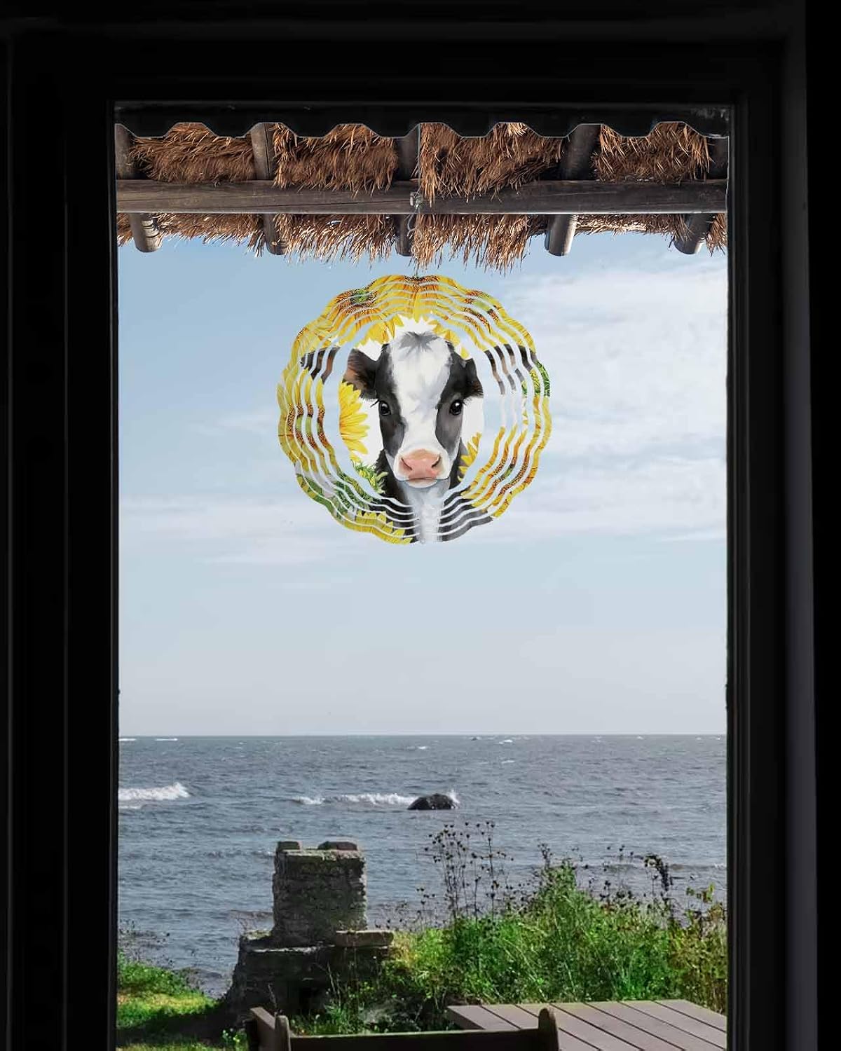 Farm Cow Sunflower Wind Spinner 12 Inch Country Farmhouse Cow Yellow Flower Wind Spinners Outdoor 3D Stainless Steel Hanging Sculpture Decorations Gift for Garden Yard Porch Balcony