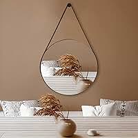 Espelho Redondo 60cm Adnet com Alça de Couro Decoração Moderna para Banheiro Sala ou Quarto (Caramelo)