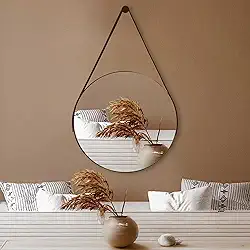 Espelho Redondo 60cm Adnet com Alça de Couro Decoração Moderna para Banheiro Sala ou Quarto (Café)