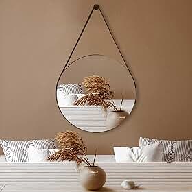 Espelho Redondo 60cm Adnet com Alça de Couro Decoração Moderna para Banheiro Sala ou Quarto (Caramelo)