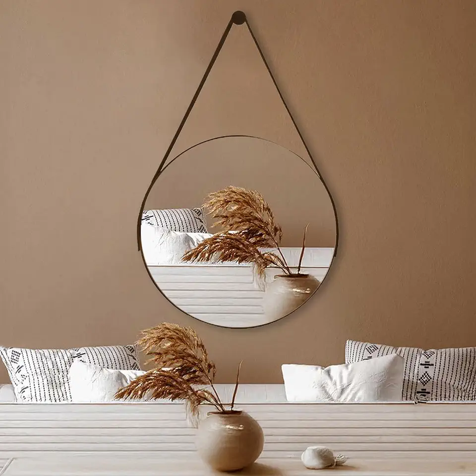 Espelho Redondo 60cm Adnet com Alça de Couro Decoração Moderna para Banheiro Sala ou Quarto (Caramelo)