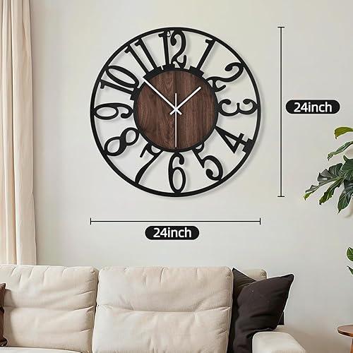 Miniatura 2 de Maxstar Reloj de pared redondo grande para decoración de sala de estar, funciona con pilas, relojes de madera de metal negro para decoración del