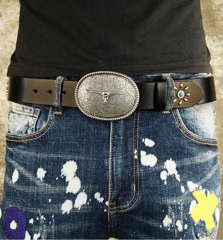 Western Cowboy Cowgirl Belt, Longhorn Bull Buckle Belt Turquoise Studded Leather Belt for Jeans Pants Dresses4