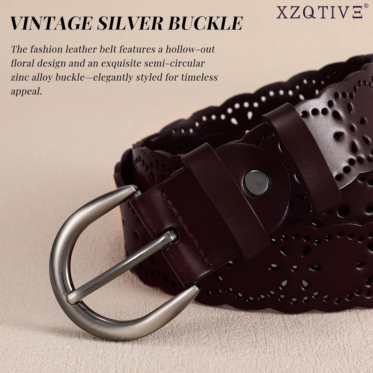 XZQTIVE Women Plus Size Leather Belt for Jeans Dresses Pants Hollow Flower Waist Belts with Solid Pin Buckle - Image 2