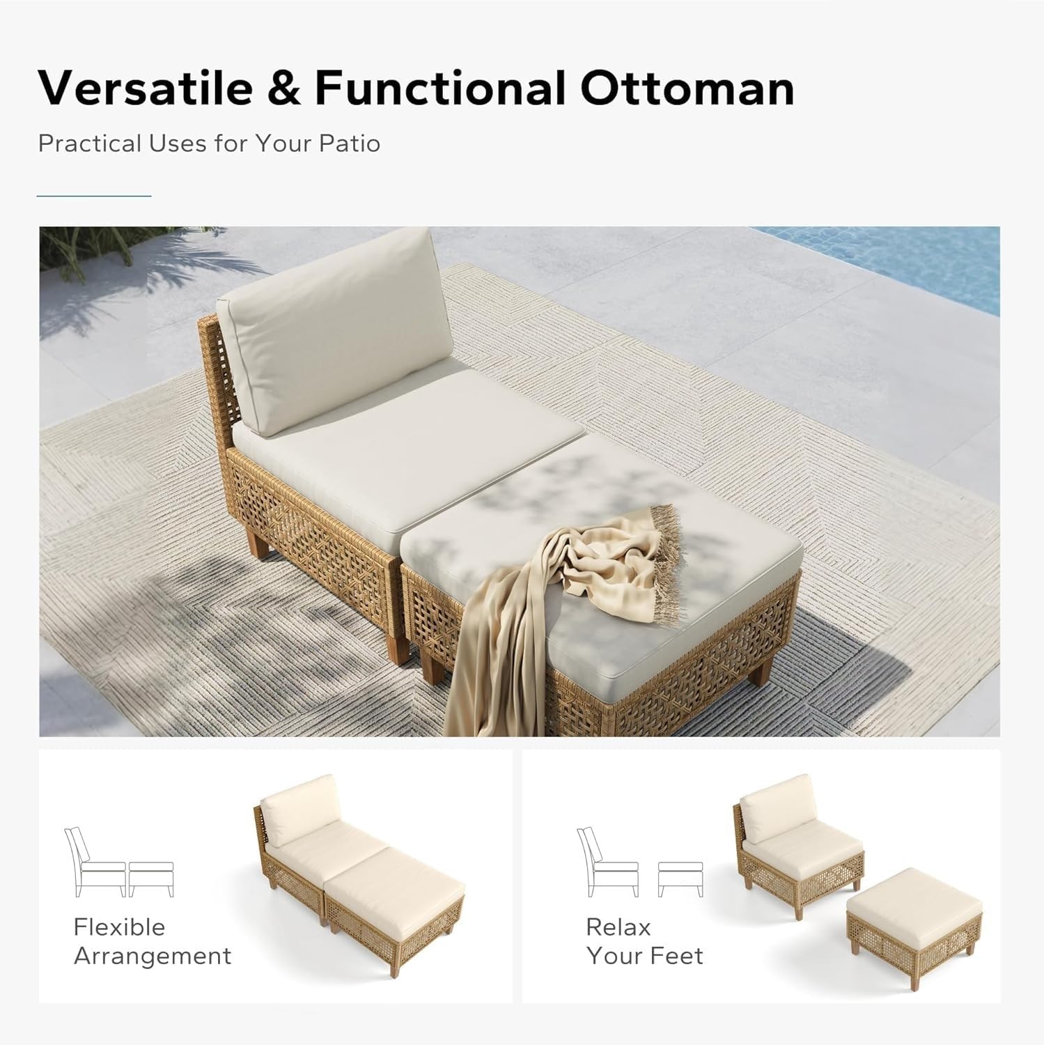 Wicker Patio Furniture Set Rattan Outdoor Couch Sectional Sofa 5 Pieces Patio Conversation Sets with Wood Coffee Table Outdoor Rattan Furniture for Garden Balcony(Navy Blue)