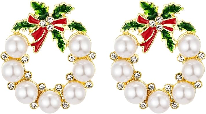 Gold Christmas Wreath Stud Earrings for Women, Simulated Pearls
