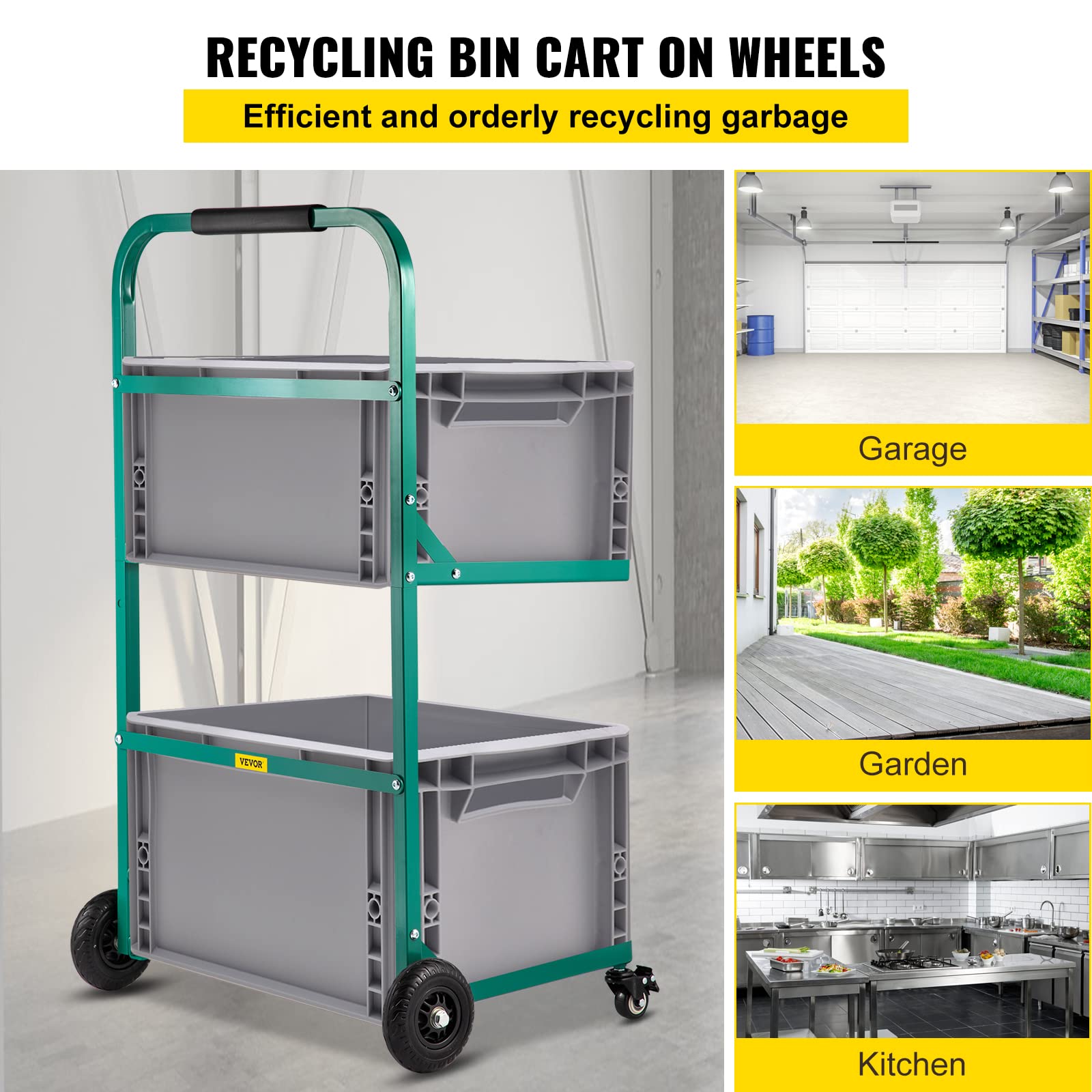 VEVOR Recyclingwagen aus Metall 100 kg Tragfähigkeit Zimmerservicewagen, Grüne Abfallbehälterwagen, Reinigungswagen 4 Rollen rechteckige Werkstattrollwagen, 58 cm x 40 cm x 110 cm für Mülleimer usw.