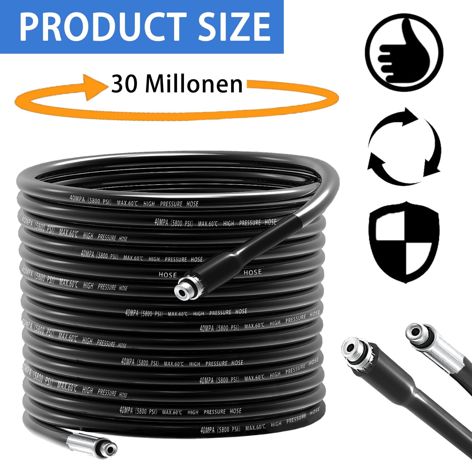 30M 400 Bar Rohrreinigungsschlauch Set für Kärcher K2-K7 Serien Bosch Lavor Hochdruckreiniger,Rohrreinigungsset für Verstopfte Rohre Abflüsse,Hochdruckschlauch mit Strahldüse Rotierender Strahldüse