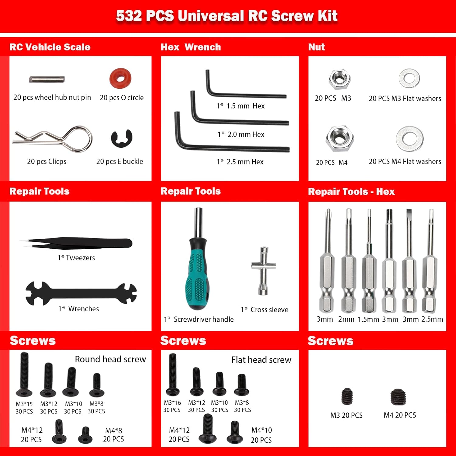 RC Car Repair Work Stand 532 PCS RC Repair Screws Set Kit 360 Degree Rotation RC Repair Station Screwdrivers Screws Pallet Kit for 1/8 1/10 1/12 1/16 1/18 RC Crawler Truck Buggy