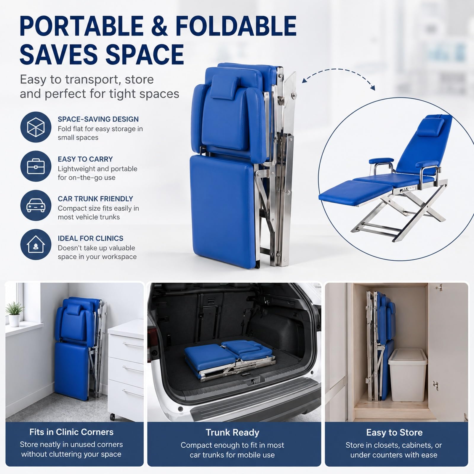 Poltrona Odontoiatrica Portatile in Acciaio Inossidabile, Poltrona Mobile Pieghevole, Schienale Regolabile da 110° a 180°, per Ospedali e Cliniche, Portata Massima 660 Lbs(Red)