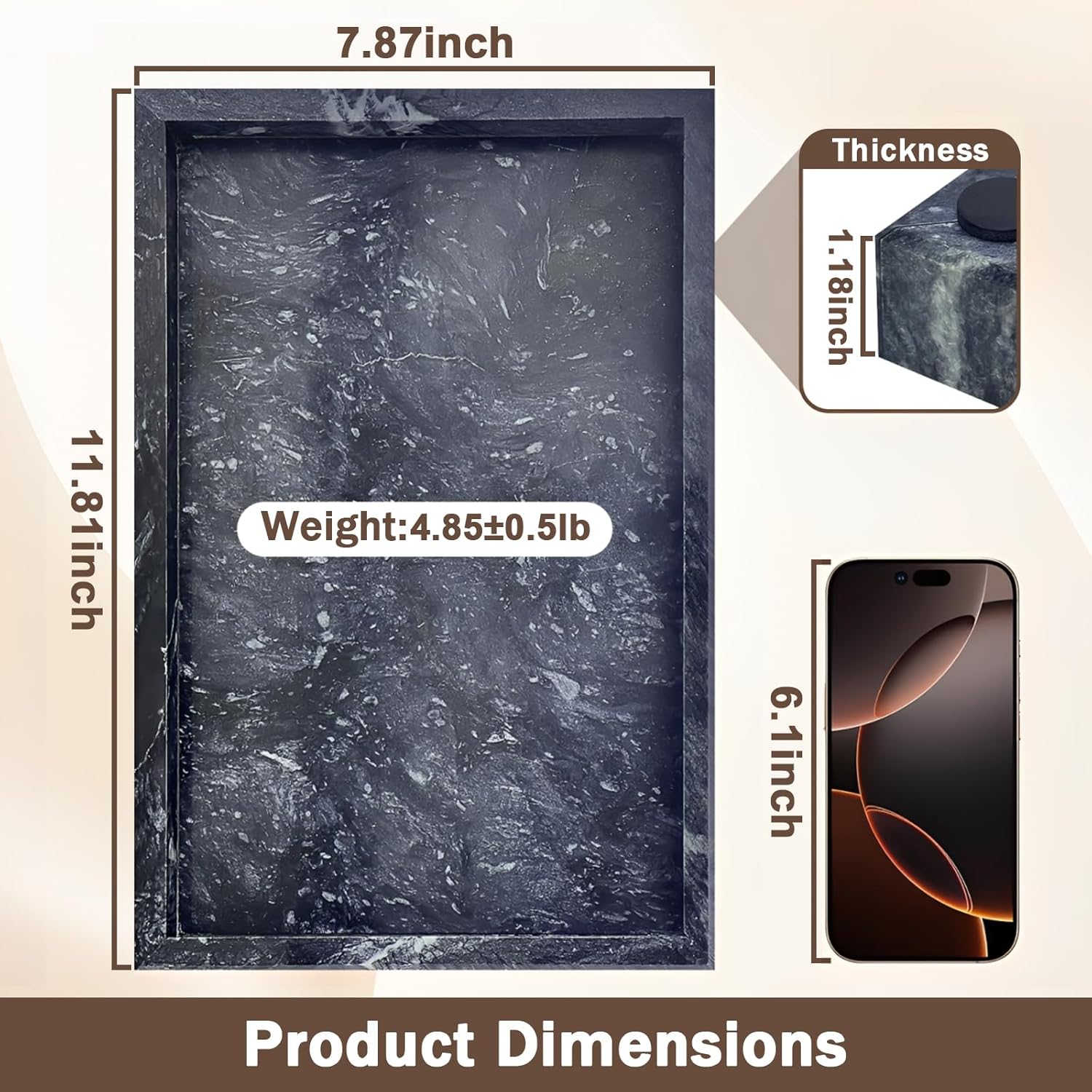 Marble Bathroom Tray for Countertop, Natural Decorative Marble Tray for Kitchen, Vanity, Home Decor, Dresser Organizer, Plate Holder for Perfume, Candle and Jewelry, 12"x 8"x 1.2", Gray Black