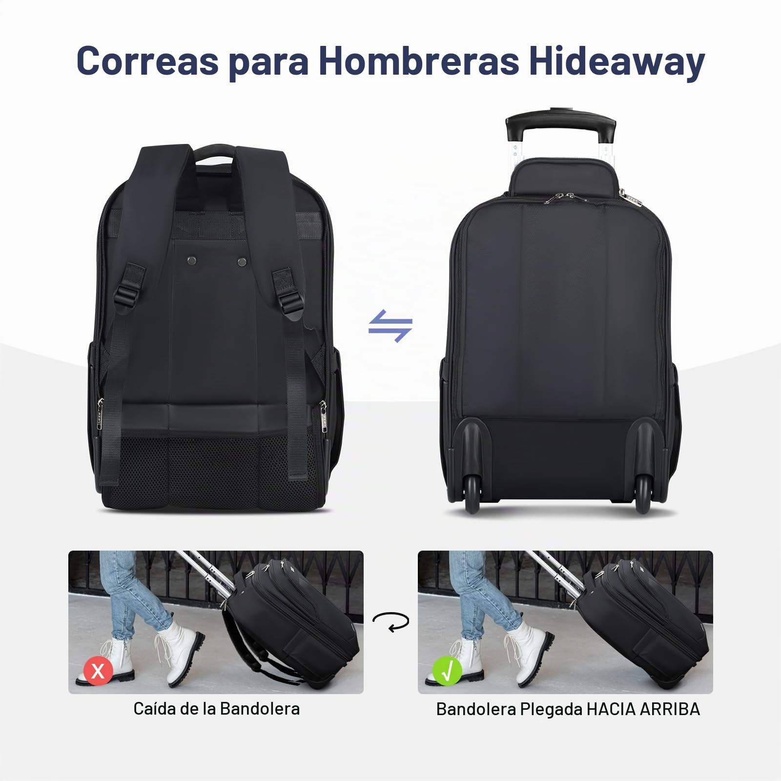 Mochila con Ruedas para Adultos - Mochila Portatil con Ruedas 17 Pulgadas, Mochila Viaje Cabina Impermeable para Hombre y Mujer, Ideal para Trabajo, Viajes y Uso Diario (Negro)