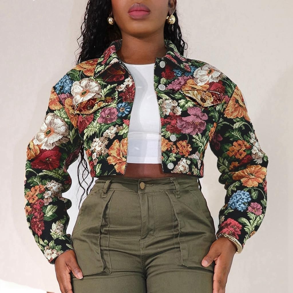 Cropped Jacket Women Bomber Short Jacket Y2K Jacquard Crop Floral Jackets for Women Trendy - Image 2