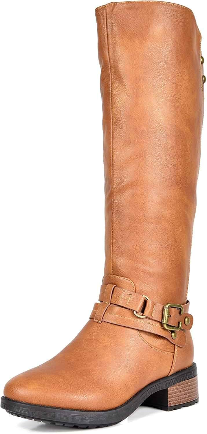 DREAM PAIRS Women's Knee High Buckle Riding Boots Cozy Warm Faux Fur Lining,Fall Winter Boots,1.25" Low Block Heel,Zipper,Faux Leather
