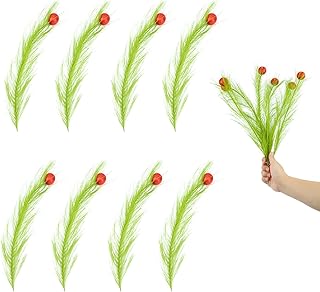 8pcs Christmas Tree Toppers, 14.96 in Plastic Green Pampas Grass Decor with Red Balls Elf Ornaments Stems Curly Tree Picks for Christmas Home Craft Decoration Supplies