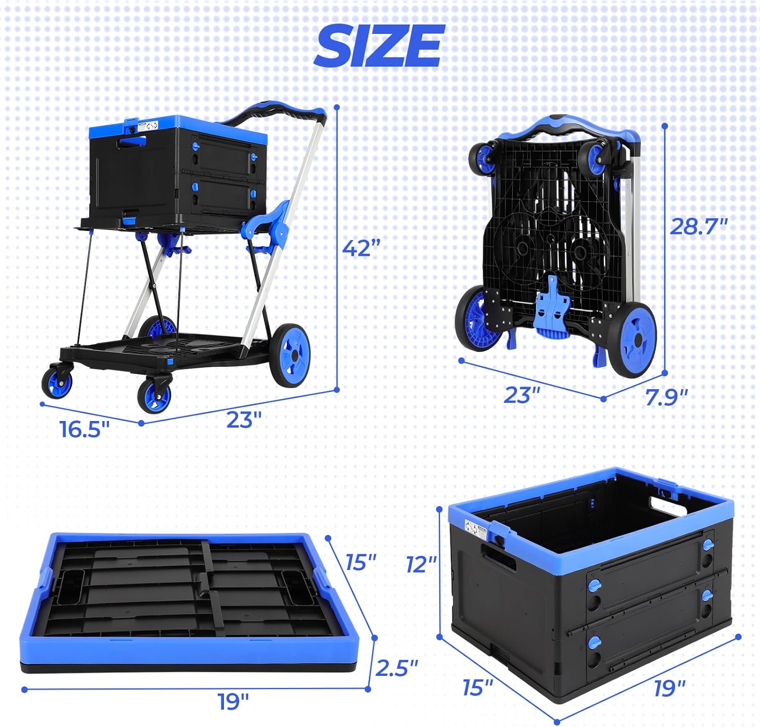 Collapsible Shopping Cart with Wheels: 200 LBS Capacity Blue Grocery Cart with Storage Crate, Platform Hand Truck with Foot Brake