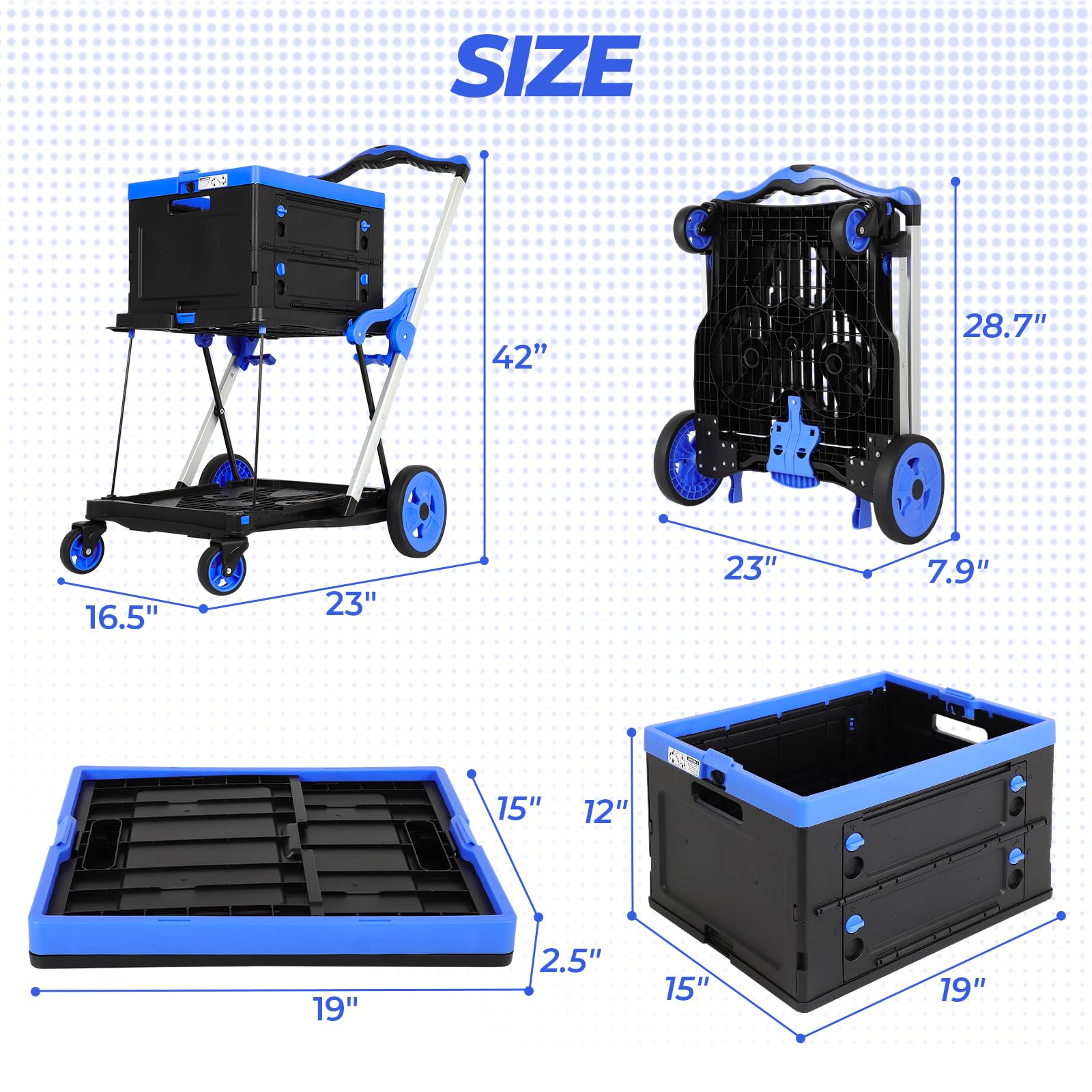 Carrito de compras plegable de 2 niveles con ruedas, capacidad de 200 libras con ruedas con caja de almacenamiento, carretilla de mano de plataforma con freno de pie