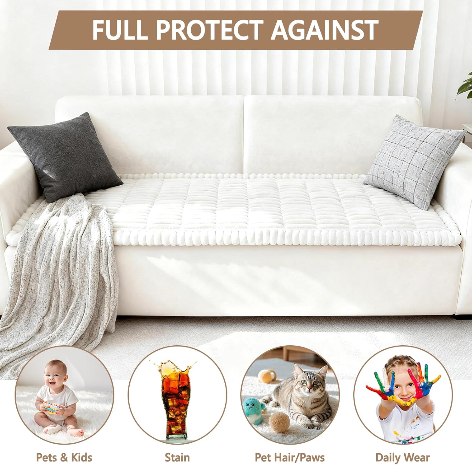 Capslpad Couch Covers for Dogs Washable Non Slip Pets Sofa Covers Fuzzy Sofa Slipcover Geometric Pet Friendly Mat Cushion Protector Travel Pet Mat for Living Bedroom Car Back Seat, White 27.5"x70.8"