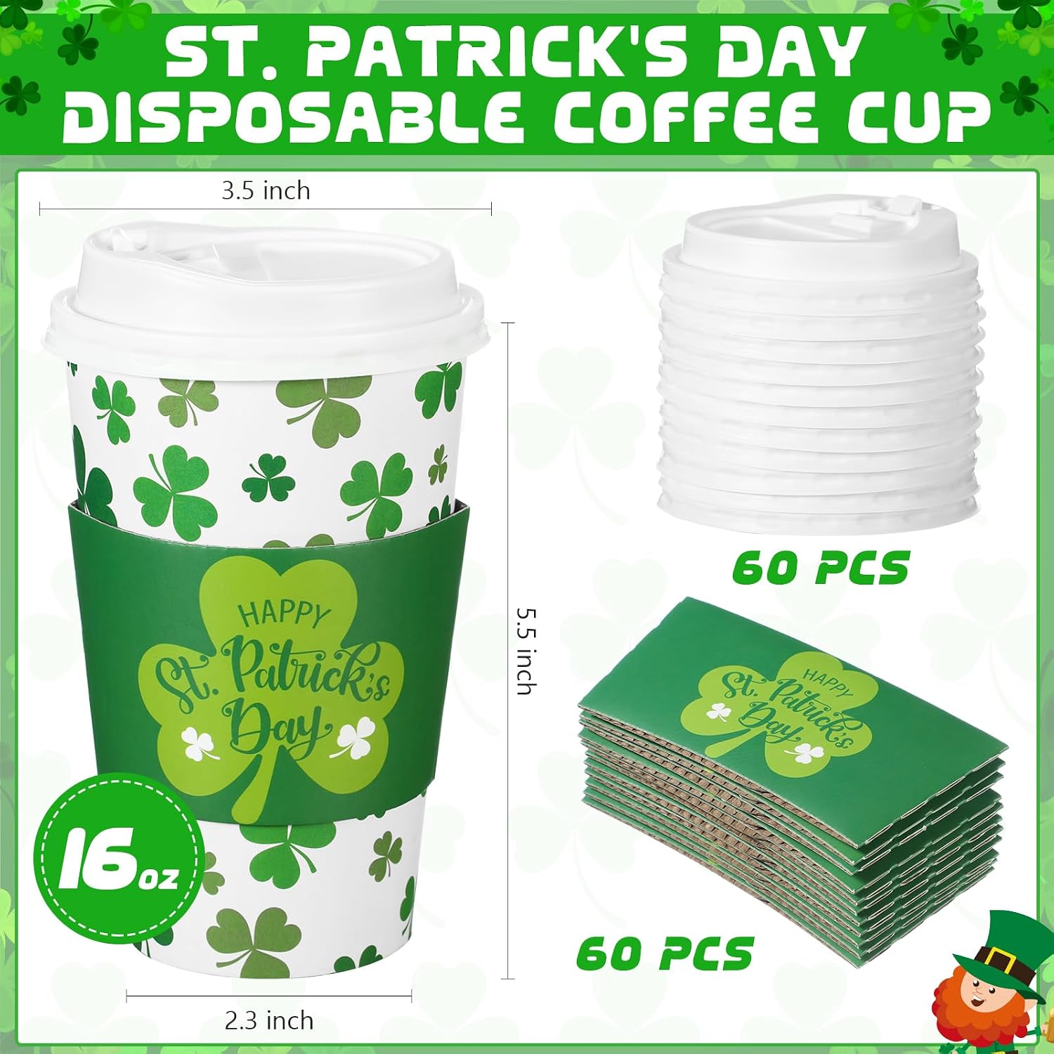 Jingmore 60 Pack St. Patrick's Day Disposable Coffee Cups with Lids and Sleeves 16 oz Irish Coffee Cups Green Shamrock Paper Cups Disposable Drinking Cups for Irish Holiday Party Supplies