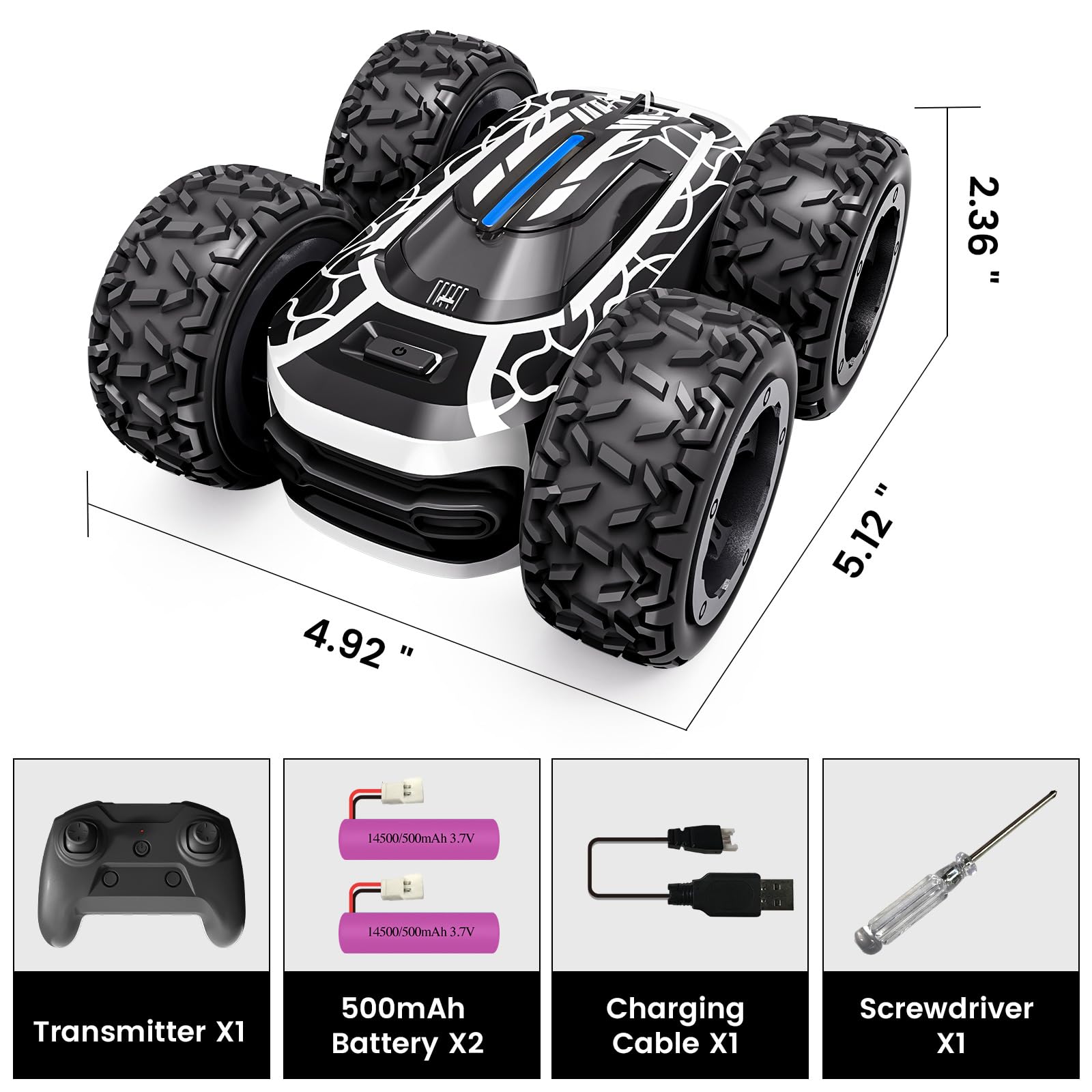 Tecnock Remote Control Car for Boys 4-7, 2.4GHz RC Stunt Car for Kids, 360° Rotating Double Sided RC Cars with LED Lights, Toys Gifts for Boys and Girls