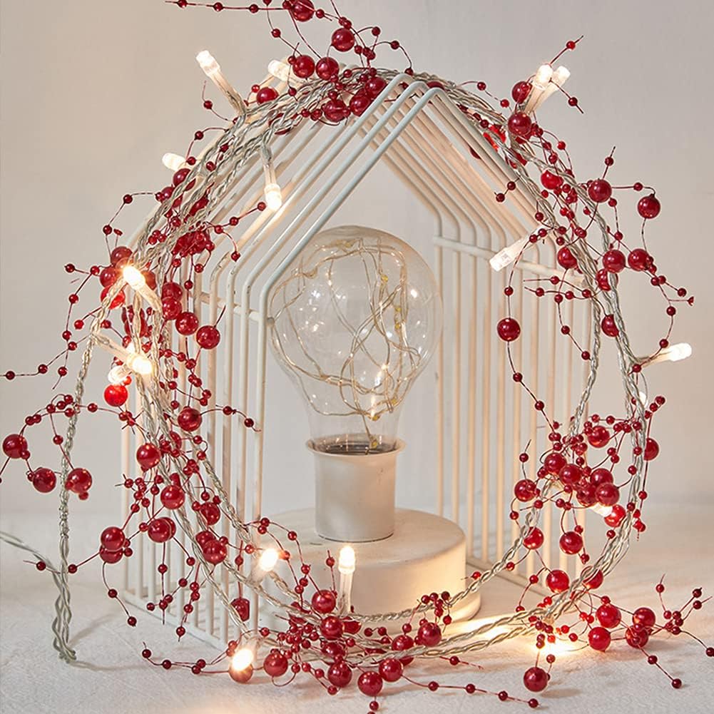 OVV 13FT Christmas Red Pearl String Lights 40LED Lighted Berry Beaded Garland Festive Indoor Xmas Day Decoration Warm Lights for Bedroom Mantel Wedding Party Decor Battery Operated (Red)