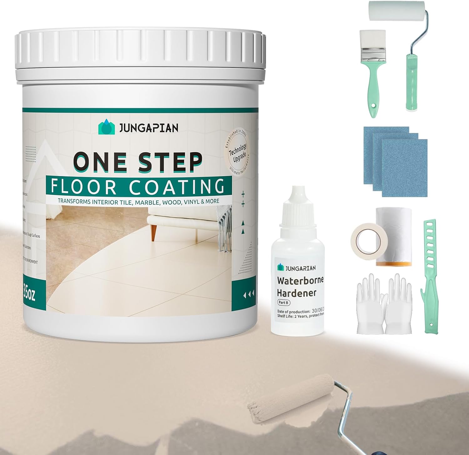 All-In-One Interior Floor Coating Kit, Water-based & Low Odor One-Step Floor Paint, High Hardness Waterproof Paint for Ceramic, Porcelain, Fiberglass, Hardwood, Laminate, Vinyl, 35OZ, Brown