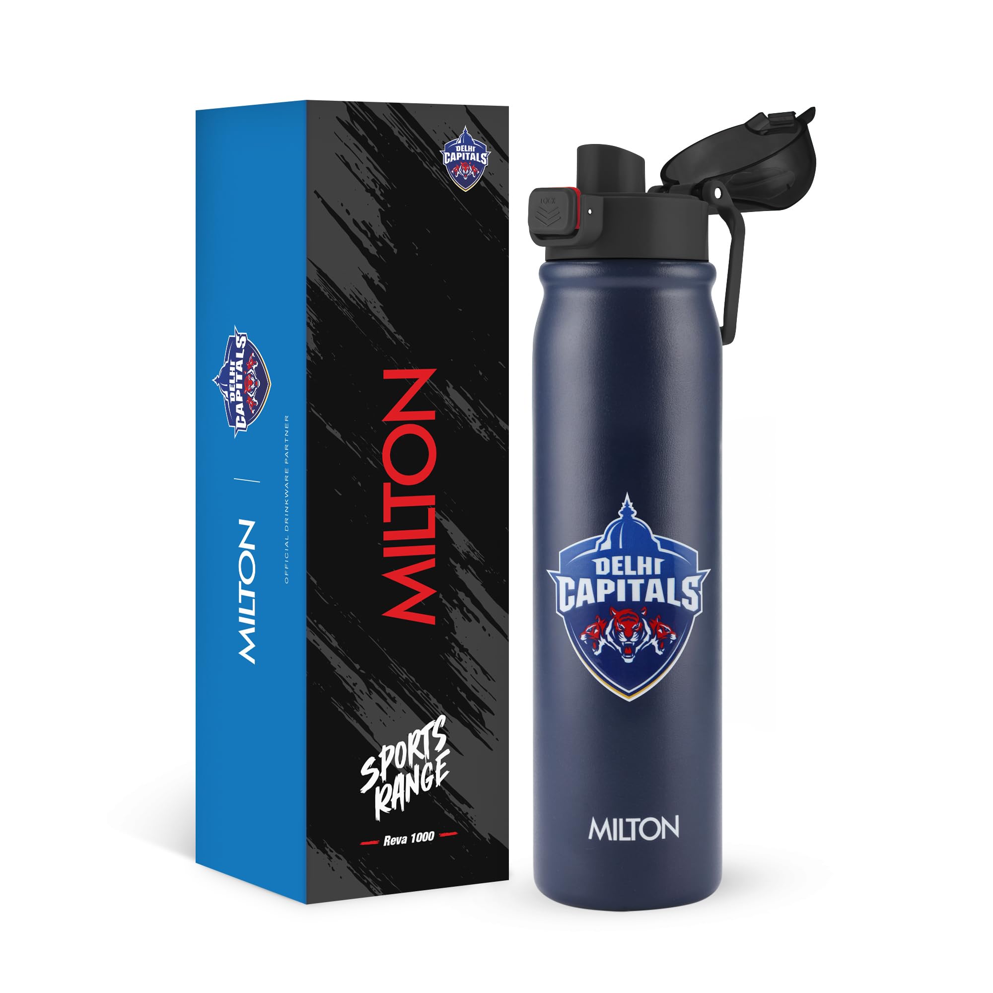 Milton Sports Reva 1000 | DC Official Drinkware Partner I Limited Edition Delhi Capitals Water Bottle | Stainless Steel Sipper with Twin Lid | Leak Proof | Designed for Cricket Fans I 1 L | Blue