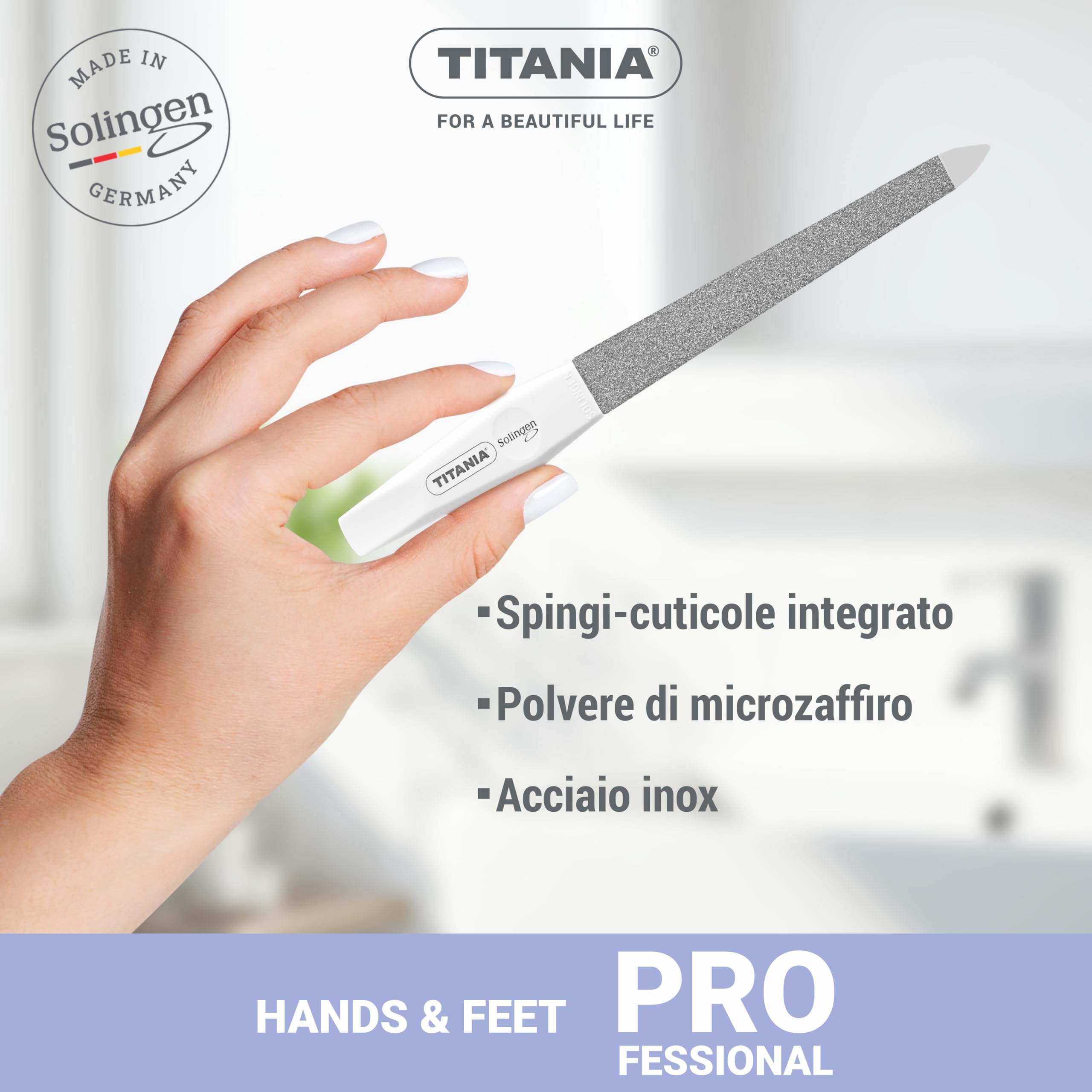 TITANIA® Solinger Saphir - Set di 4 lime per unghie professionali (12/15/17/20 cm) con manico bianco - Lima per unghie e unghie naturali - Lime di alta qualità per manicure e pedicure