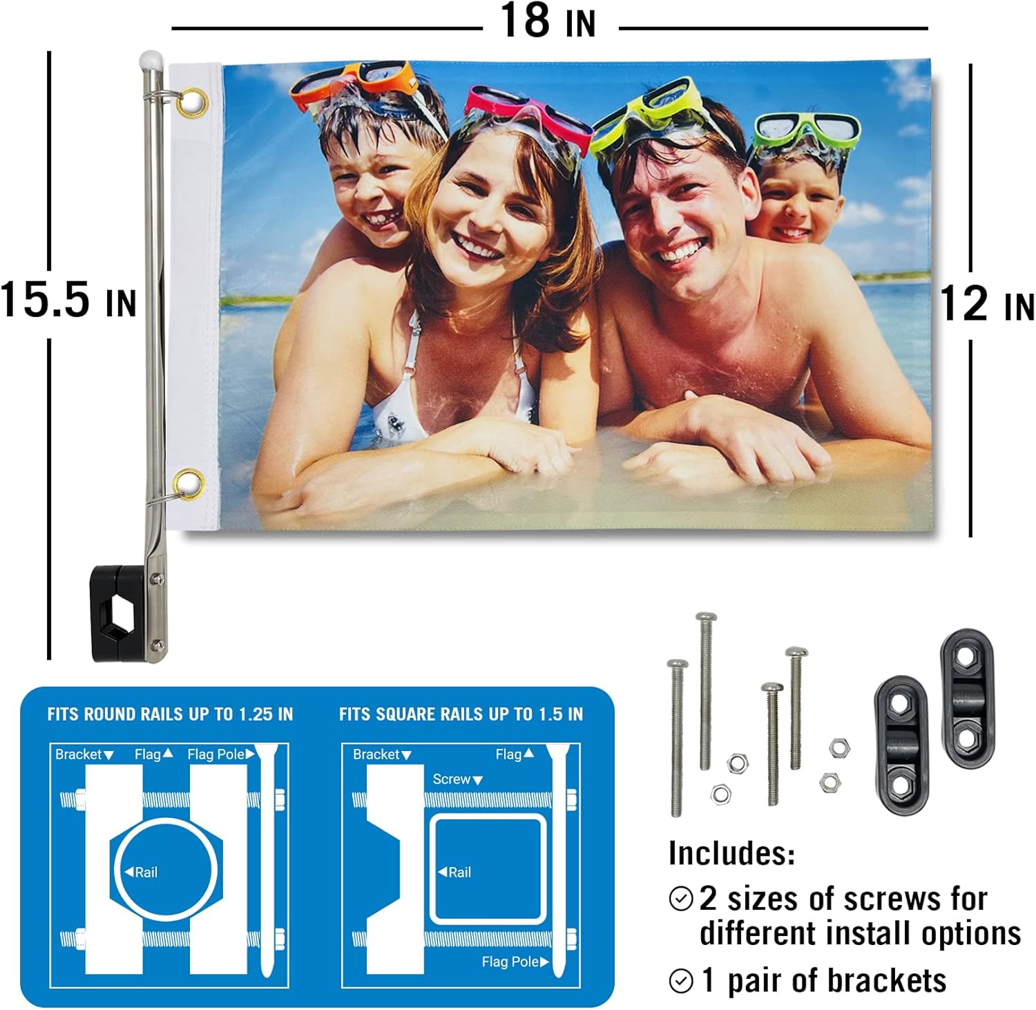 Small Boat Custom Flag Kit, 12" x 18", Personalized Marine Flag with Pole, Create Customized Pontoon Accessories, Unique Boating Gifts for Women and Men