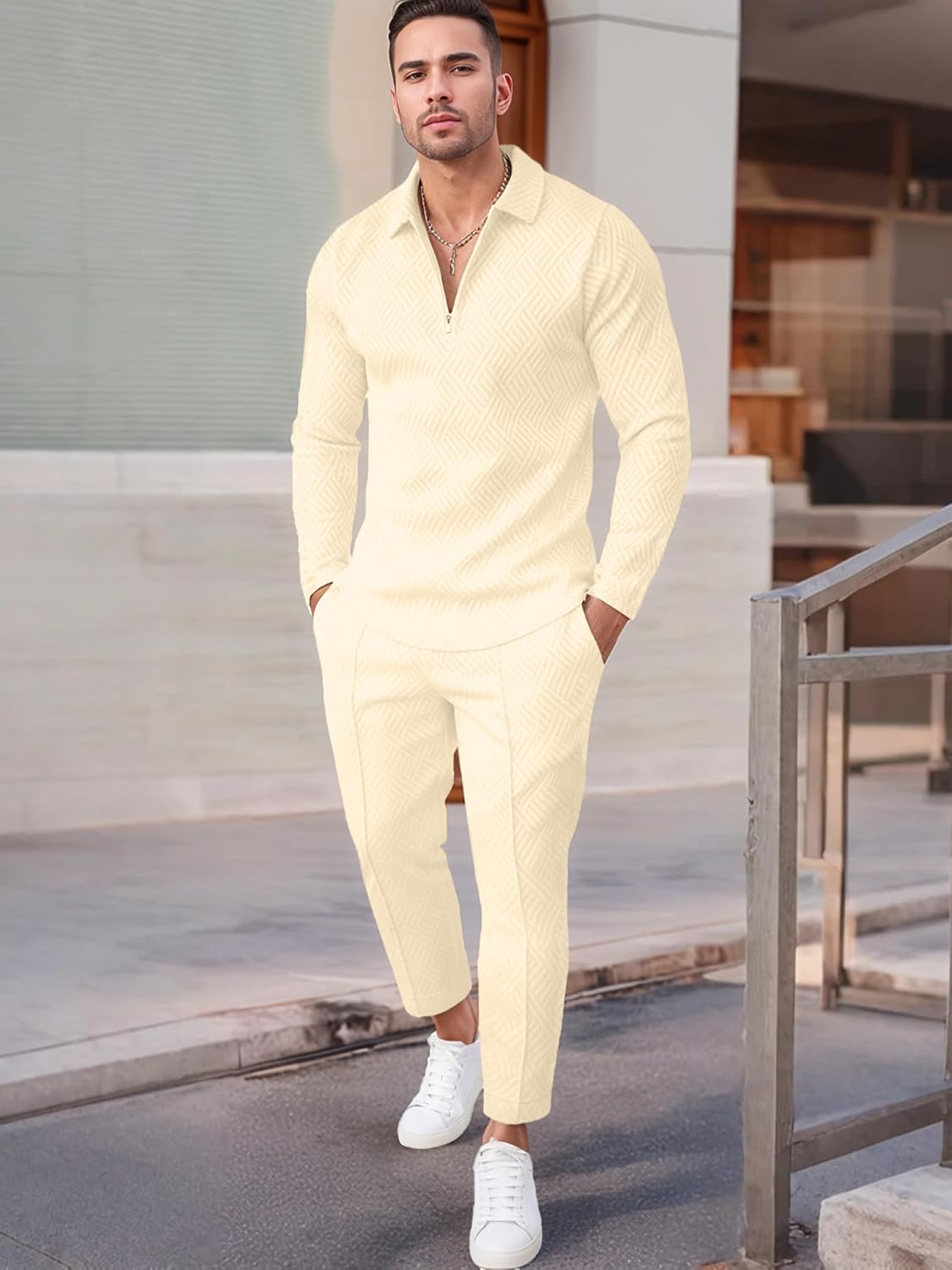 Bealin Mens Track Suits 2 Piece Outfits Casual Knit Jacquard Long Sleeve Zip Golf Shirt Joggers Sweatpants Sets Sweat Suit - Image 5