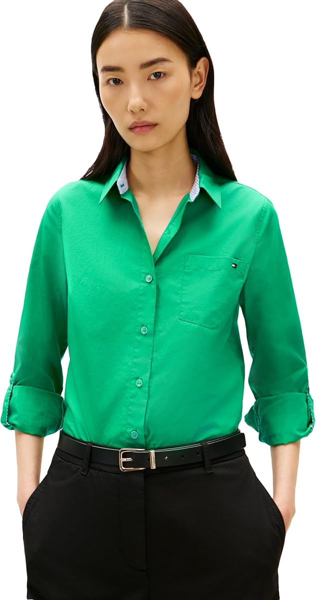 Camisa de popelina de algodón de manga larga con botones y corte regular para mujer con manga enrollable